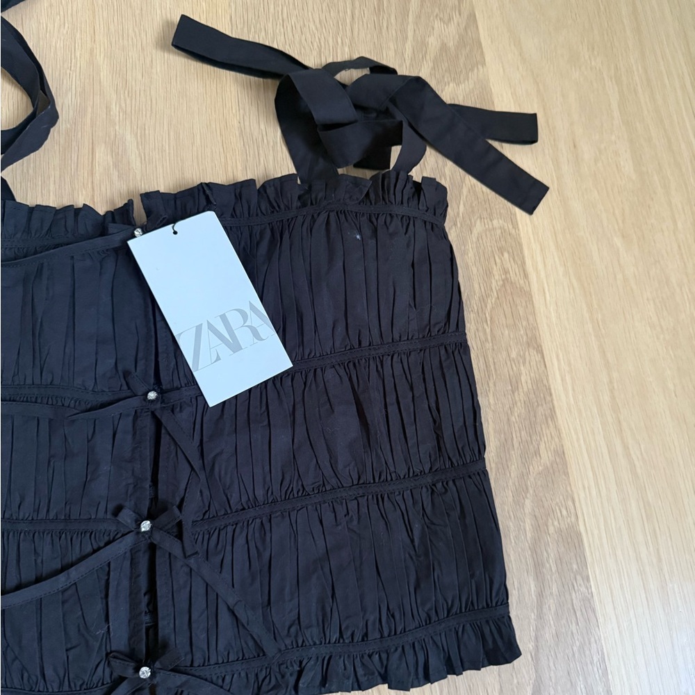 Zara Black Textured Top with Bow Straps